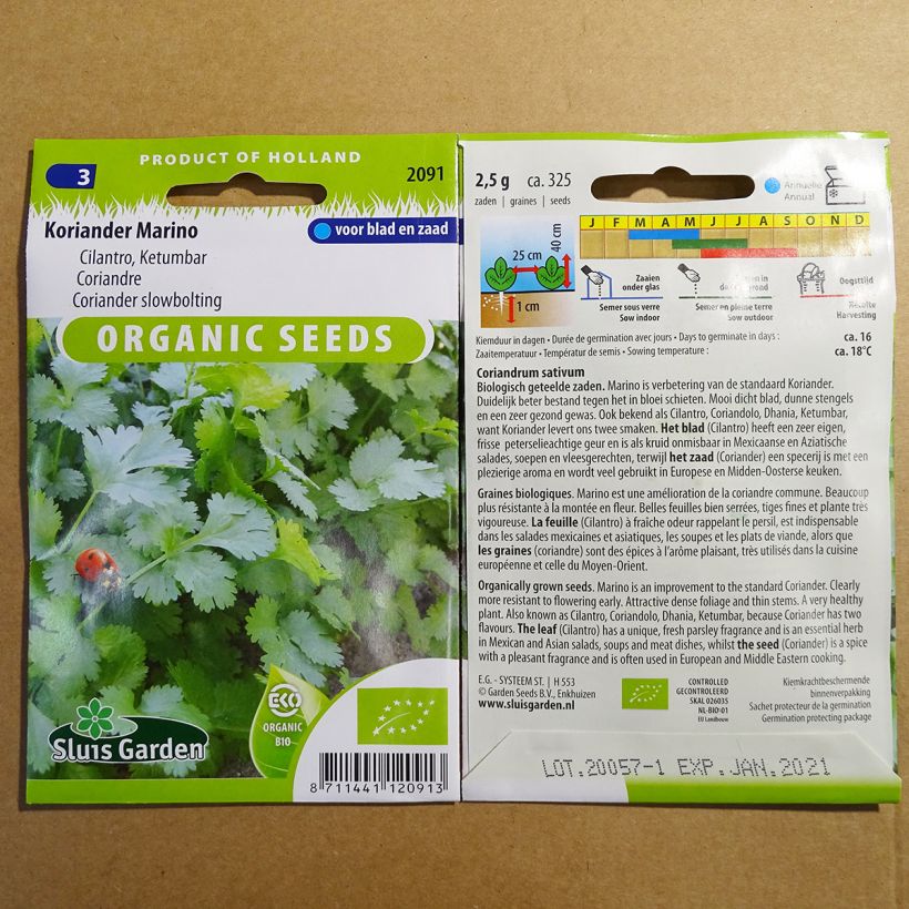 Exemplo de amostra de Coriandre Marino Bio die Tüte mit 325 Samen (2g) tal como entregue