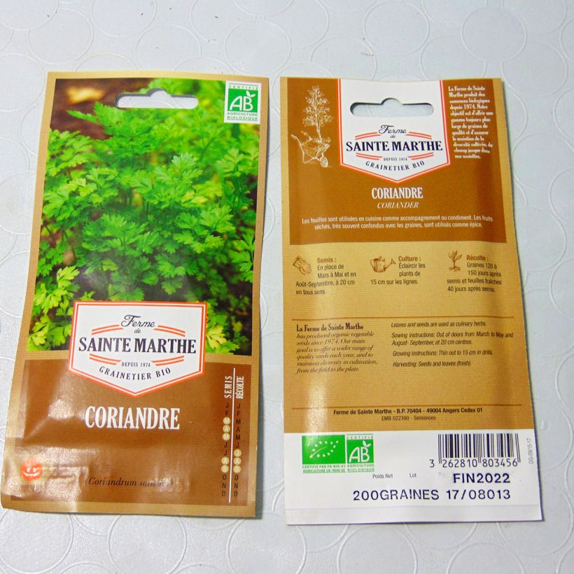 Exemplo de amostra de Coriandre cultivée Bio - Ferme de Sainte Marthe die Tüte mit 80 Samen (1g) tal como entregue