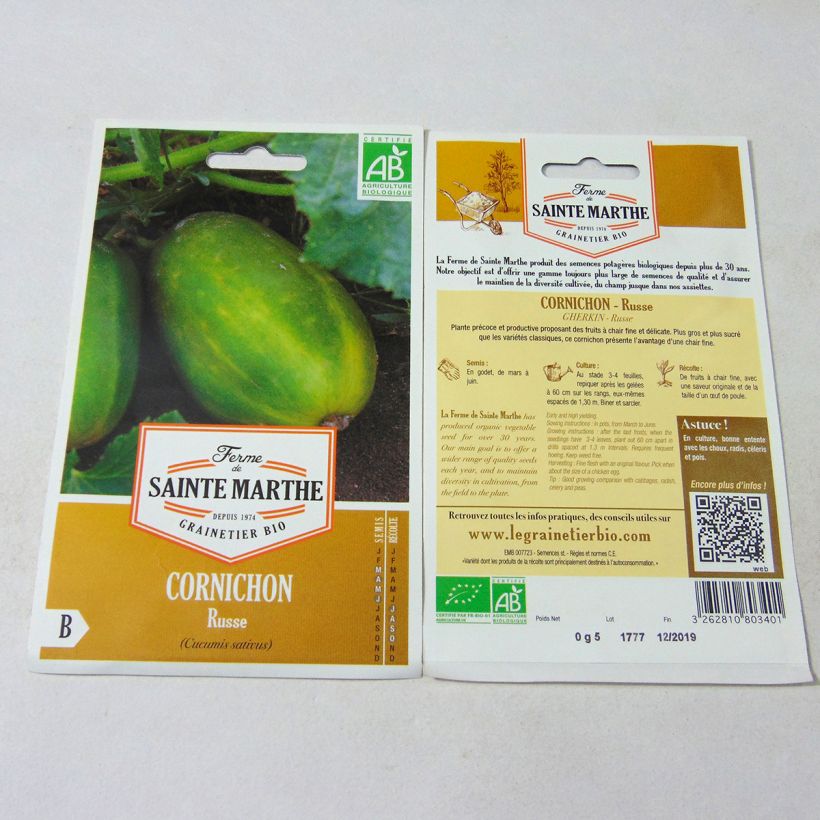 Exemplo de amostra de Cornichon Russe Bio - Ferme de Sainte Marthe per pack of 20 seeds tal como entregue