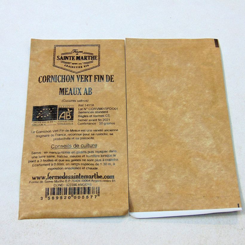 Exemplo de amostra de Cornichon Vert Fin de Meaux Bio - Ferme de Sainte Marthe o saco de 50 sementes aproximadamente (1g) tal como entregue