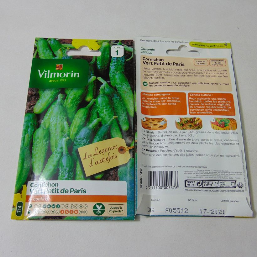 Exemplo de amostra de Cornichon Vert Petit de Paris - Vilmorin die Tüte mit 70 Samen (3g) tal como entregue