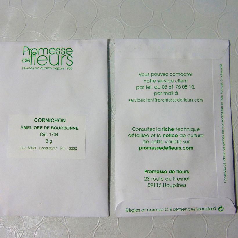 Exemplo de amostra de Cornichon de Bourbonne amélioré  per pack of 105 seeds (3g) tal como entregue