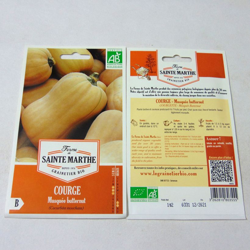 Exemplo de amostra de Courge Butternut Bio - Ferme de Sainte Marthe per pack of 10 seeds (1.2g) tal como entregue