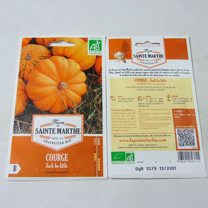 Exemplo de amostra de Courge Jack Be Little Bio - Ferme de Sainte Marthe die Tüte mit 8 Samen (0.6g) tal como entregue