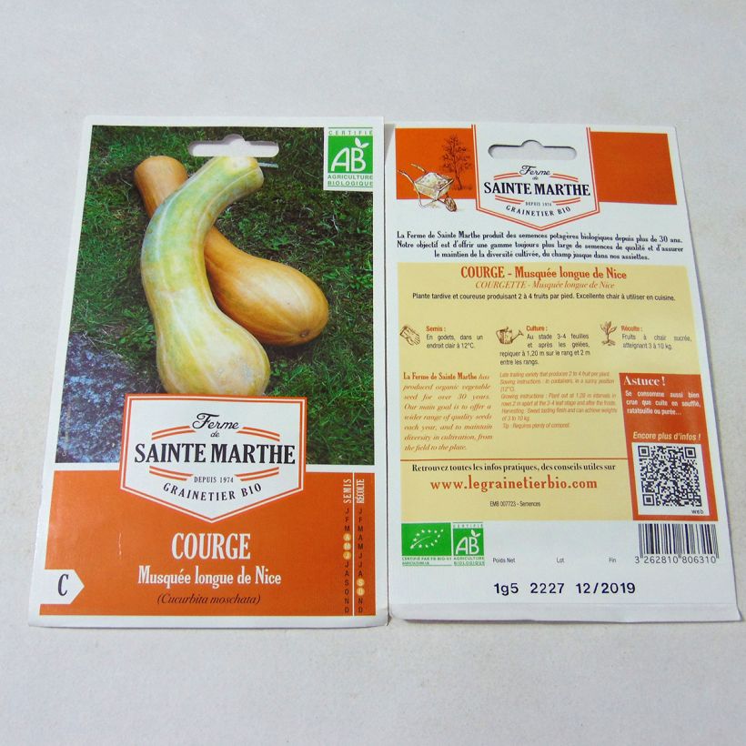 Exemplo de amostra de Courge Musquée Longue de Nice Bio - Ferme de Sainte Marthe per pack of 15 seeds (1,5g) tal como entregue