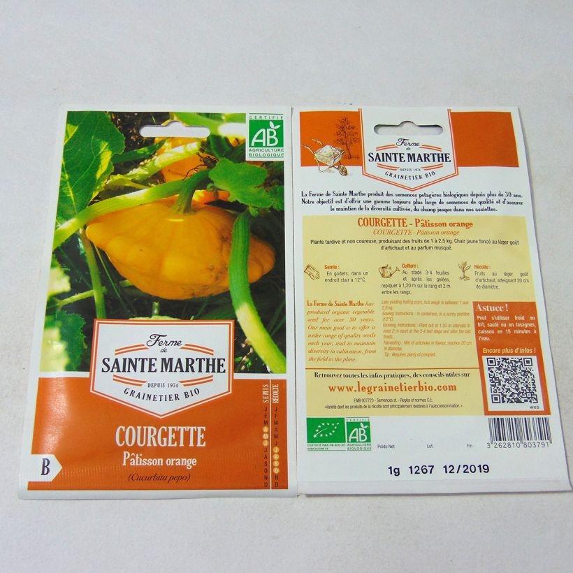 Exemplo de amostra de Courge Pâtisson Orange Bio - Ferme de Sainte Marthe per pack of 10 seeds (1g) tal como entregue