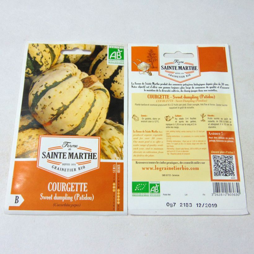 Exemplo de amostra de Courge Sweet dumpling (Patidou) Bio - Ferme de Sainte Marthe per pack of 10 seeds (0.7g) tal como entregue