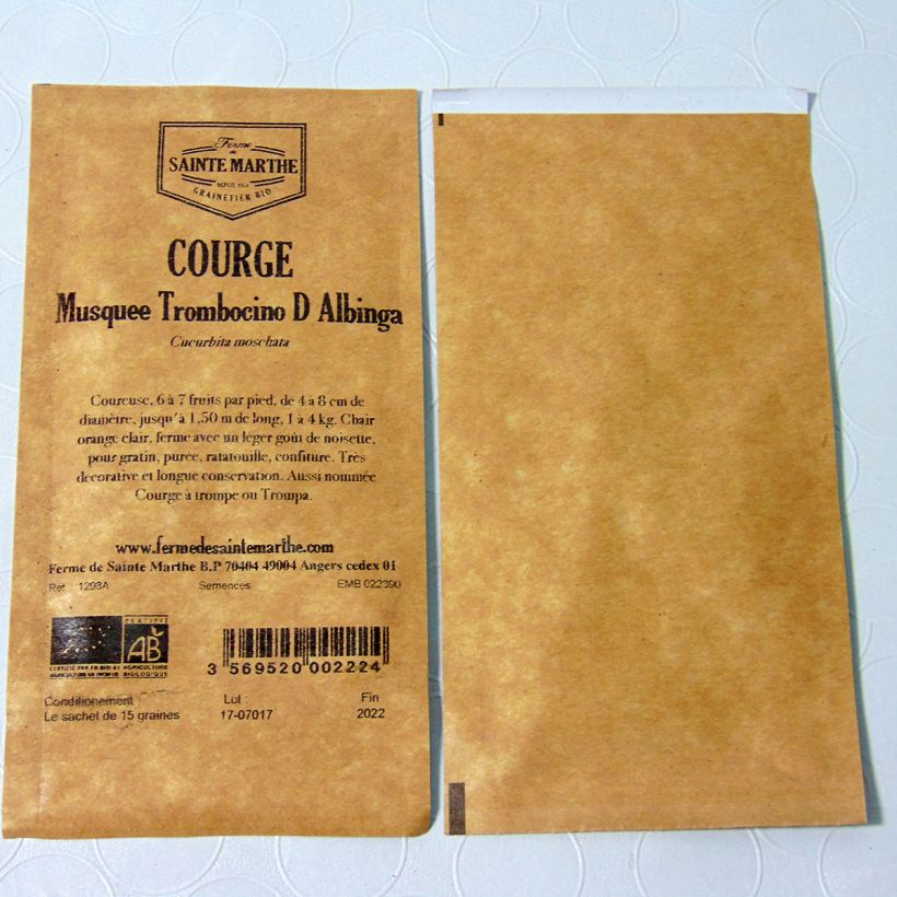 Exemplo de amostra de Courge Tromboncino d'Albenga Bio - Ferme de Sainte Marthe per pack of 20 seeds (1g) tal como entregue