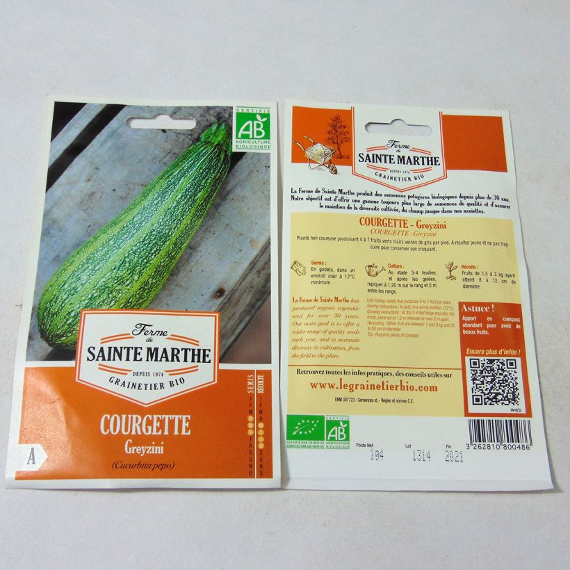 Exemplo de amostra de Courgette Greyzini Bio - Ferme de Sainte Marthe o saco de 10 sementes aproximadamente (1.2g) tal como entregue