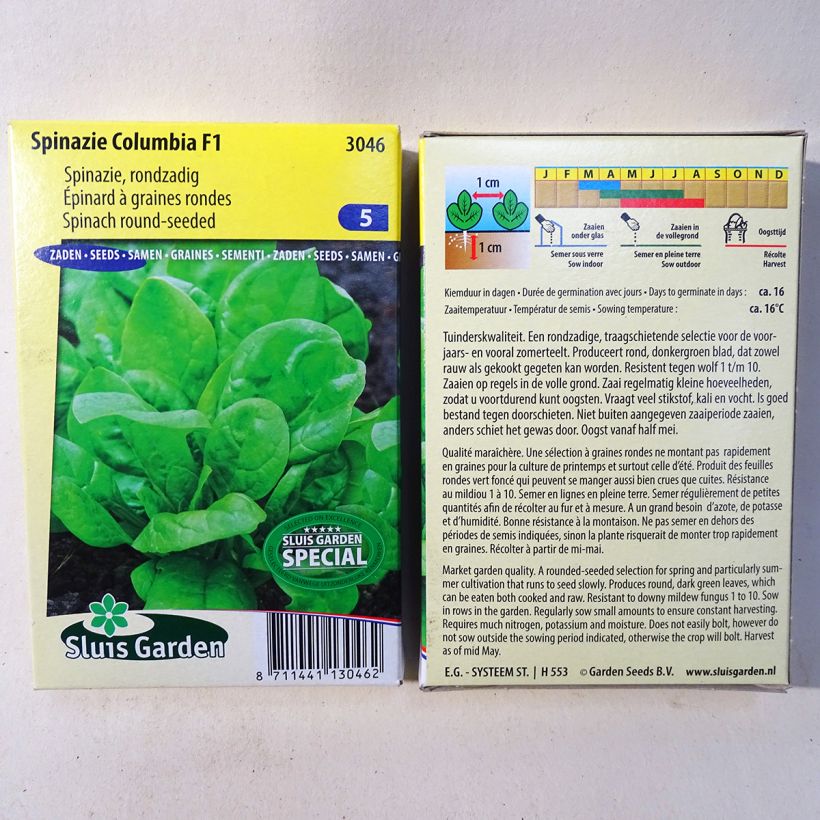 Exemplo de amostra de Epinard Columbia F1 - Spinachia oleracea die Tüte mit 6500 Samen (65g) tal como entregue