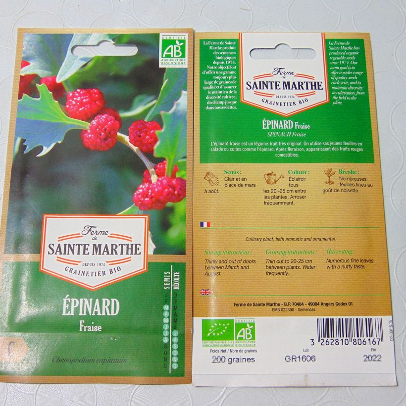 Exemplo de amostra de Epinard Fraise Bio - Ferme de Sainte Marthe  per pack of 180 seeds (0.15g) tal como entregue