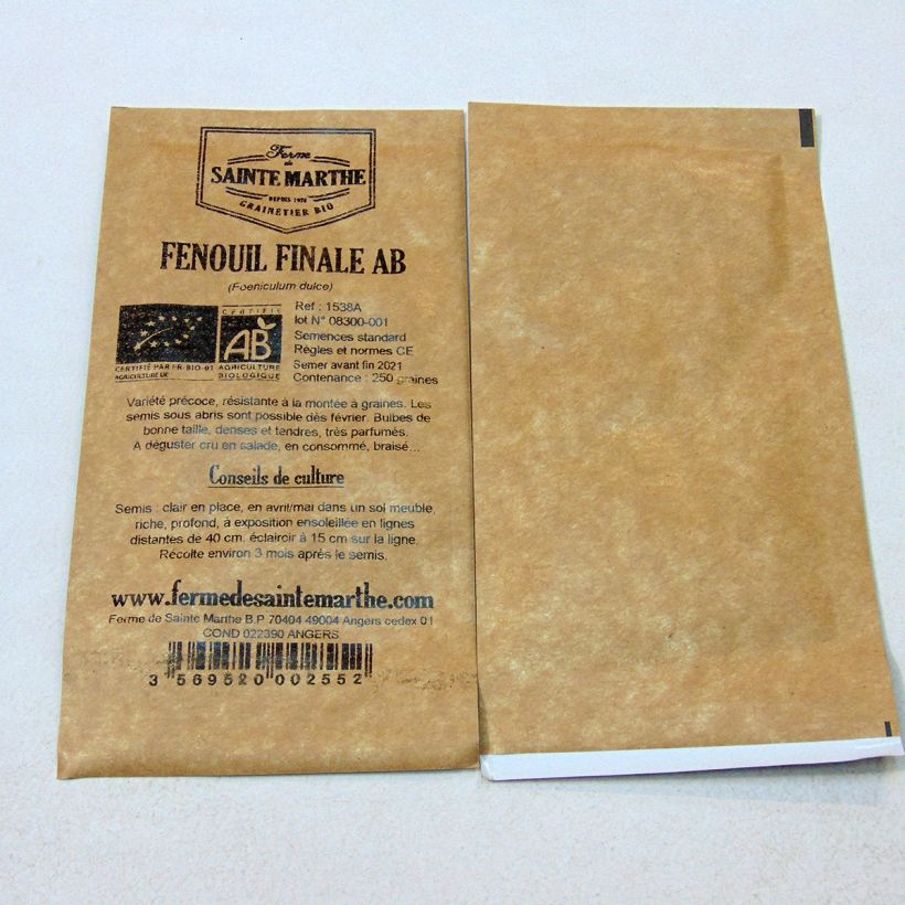 Exemplo de amostra de Fenouil doux Finale Bio - Ferme de Sainte Marthe per pack of 250 seeds (1g) tal como entregue