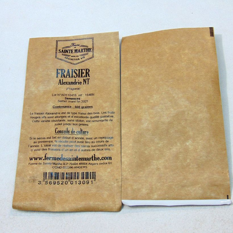 Exemplo de amostra de Fraisier Alexandrie Bio - Ferme de Sainte Marthe die Tüte mit 500 Samen tal como entregue