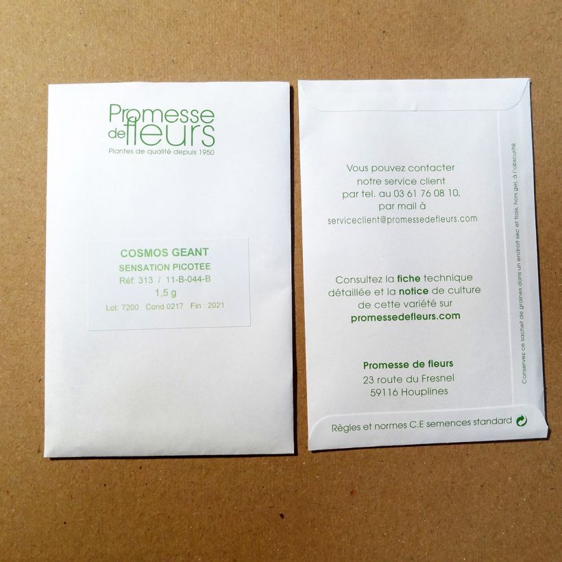 Exemplo de amostra de Graines de Cosmos Sensation Picotee - Cosmos bipinnatus per pack of 200 seeds (1,5g) tal como entregue