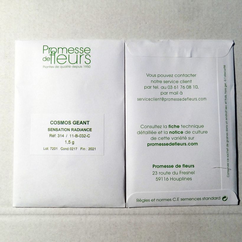 Exemplo de amostra de Graines de Cosmos Sensation Radiance - Cosmos bipinnatus per pack of 200 seeds (1,5g) tal como entregue