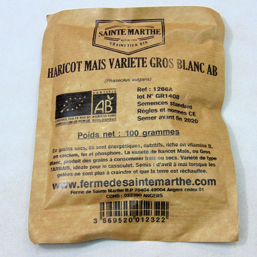 Exemplo de amostra de Haricot à rames à écosser Maïs Variété Gros Blanc Bio - Ferme de Sainte Marthe die Tüte mit 150 Samen (80g) tal como entregue