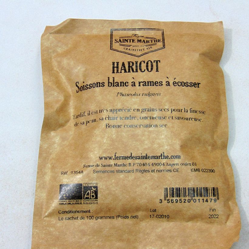 Exemplo de amostra de Haricot à rames à écosser Soissons gros blanc Bio - Ferme de Sainte Marthe  per pack of 200 seeds (100g) tal como entregue