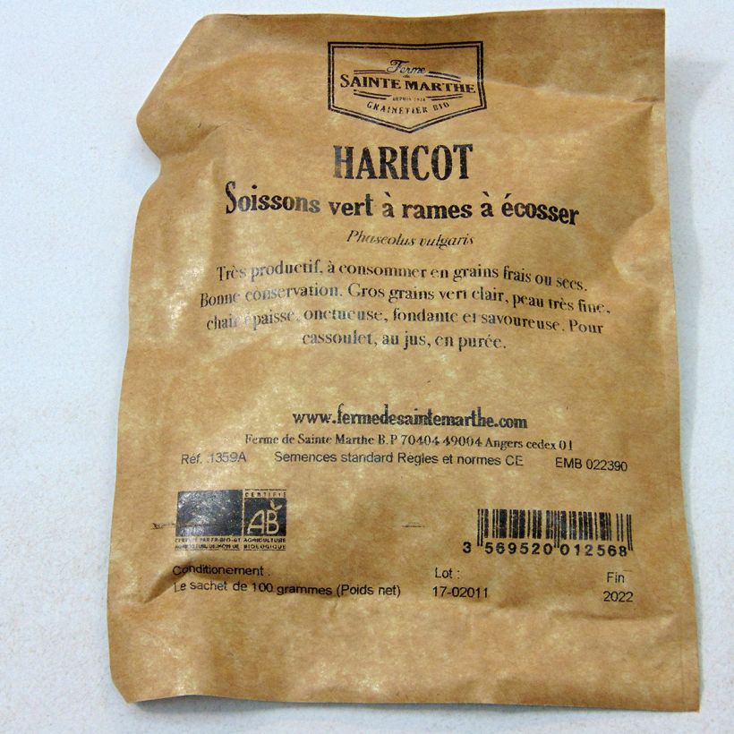 Exemplo de amostra de Haricot à rames à écosser Soissons vert Bio - Ferme de Sainte Marthe  die Tüte mit 200 Samen (100g) tal como entregue