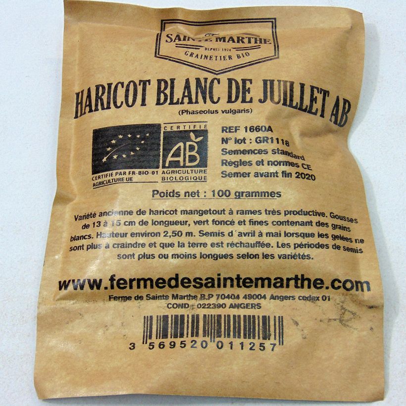 Exemplo de amostra de Haricot à rames mangetout Blanc de Juillet Bio - Ferme de Sainte Marthe die Tüte mit 200 Samen (80g) tal como entregue