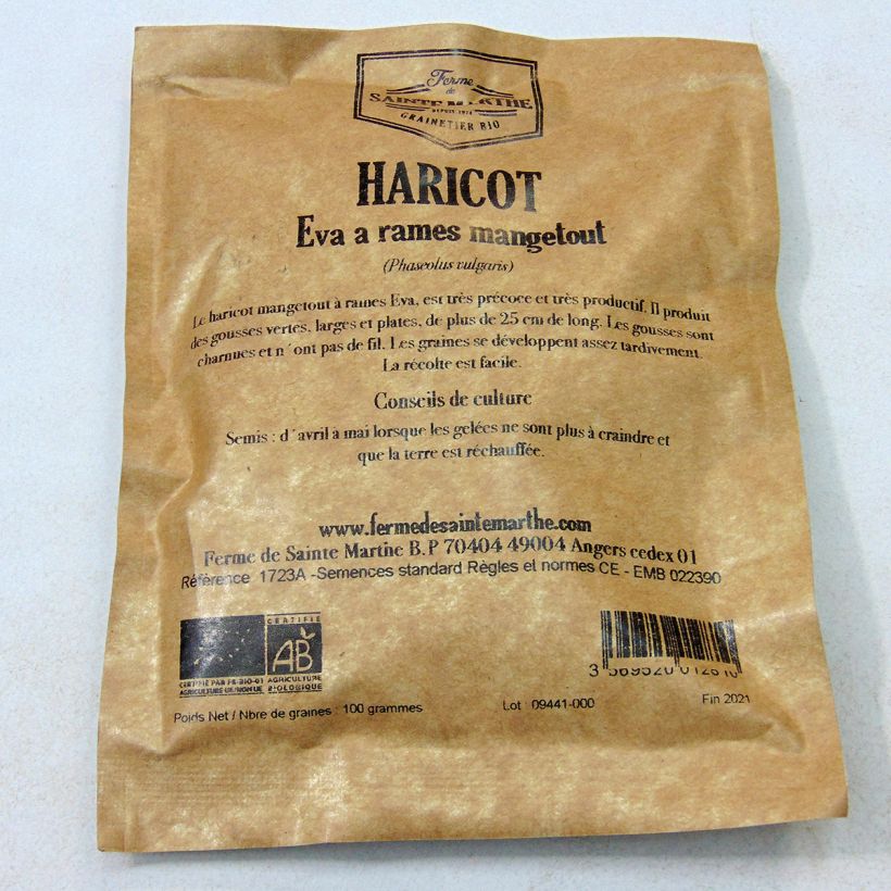 Exemplo de amostra de Haricot à rames mangetout Eva Bio - Ferme de Sainte Marthe per pack of 150 seeds (80g) tal como entregue
