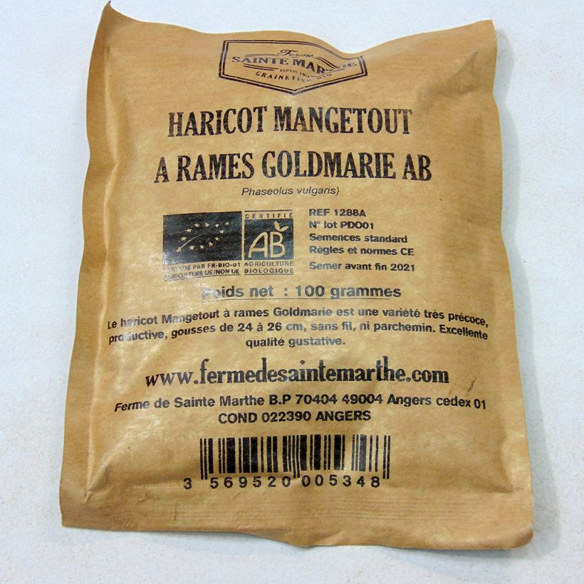 Exemplo de amostra de Haricot à rames mangetout beurre Goldmarie (gousses plates) Bio - Ferme de Sainte Marthe  die Tüte mit 200 Samen (100g) tal como entregue