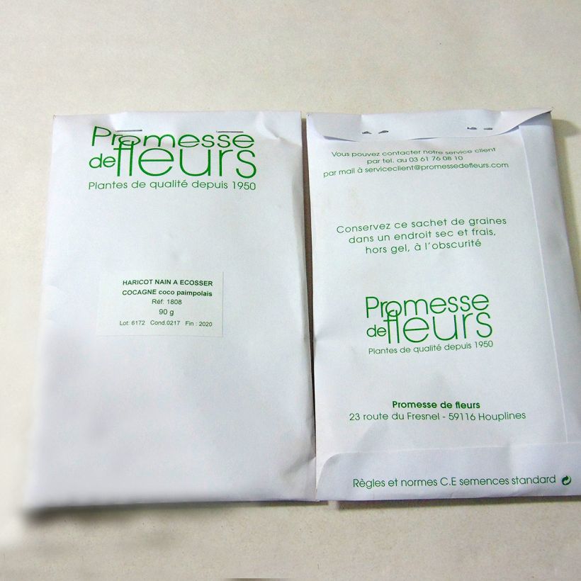 Exemplo de amostra de Haricot nain à écosser Cocagne - Coco Paimpolais die Tüte mit 150 Samen (90g) tal como entregue