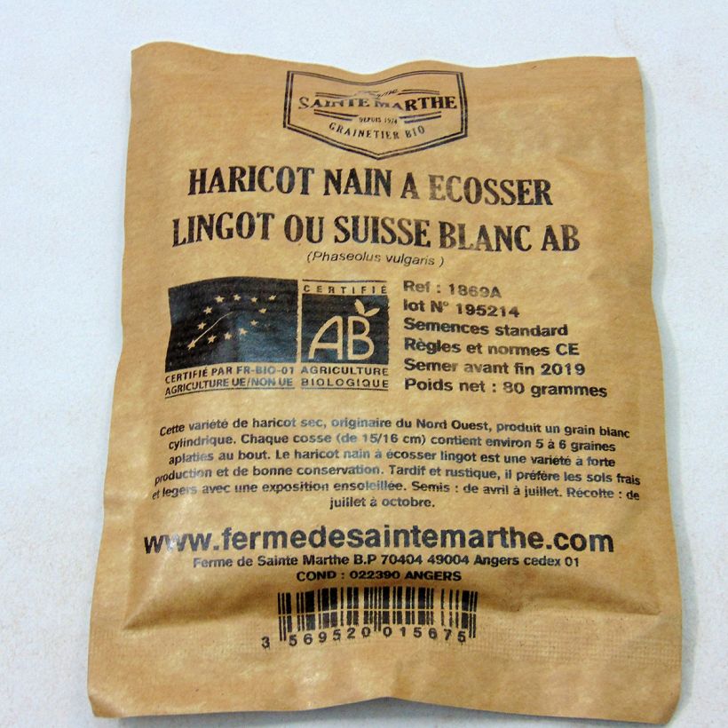 Exemplo de amostra de Haricot nain à écosser Lingot suisse blanc Bio - Ferme de Sainte Marthe die Tüte mit 160 Samen (80g) tal como entregue