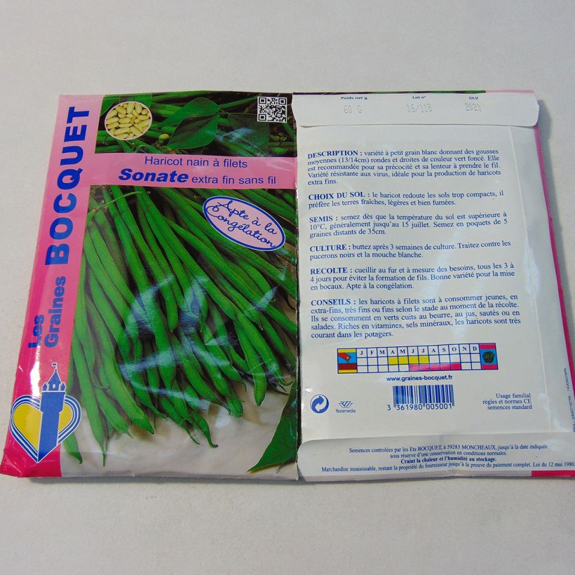 Exemplo de amostra de Haricot nain à filet Sonate extra fin per pack of 120 seeds (60g) tal como entregue