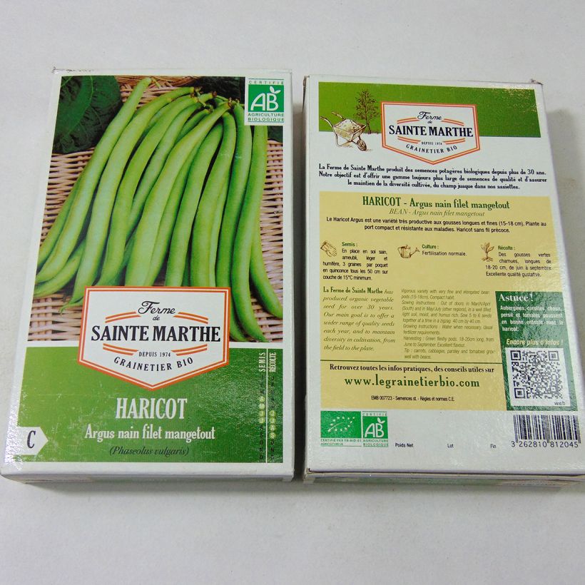 Exemplo de amostra de Feijão-verde anão mangetout Argus Bio - Ferme nde Sainte Marthe o saco de 160 sementes aproximadamente (80g) tal como entregue