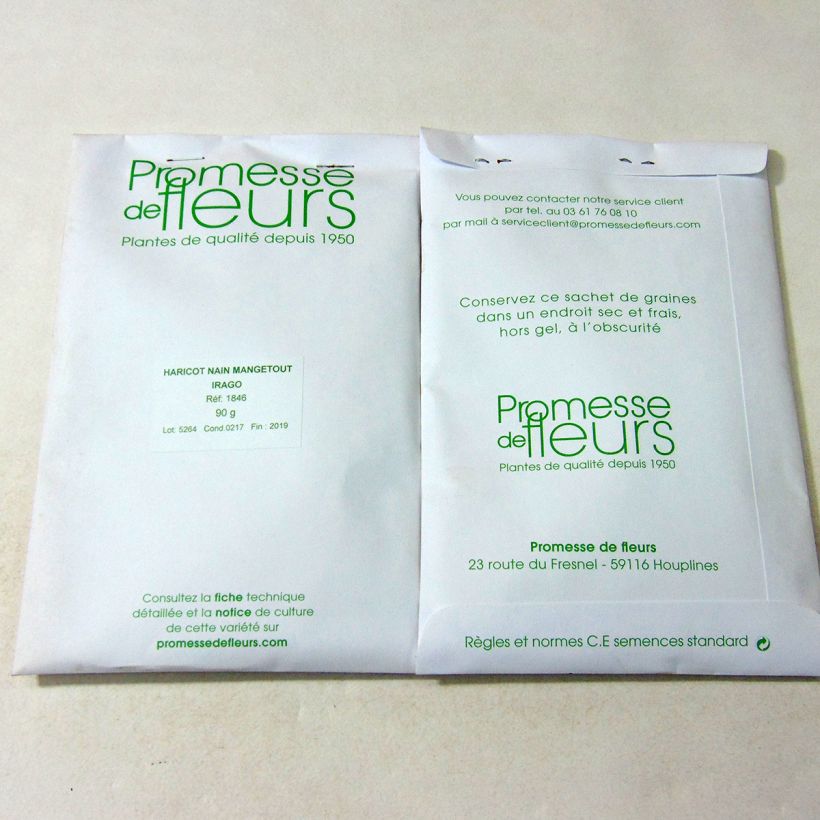 Exemplo de amostra de Haricot nain mangetout Irago per 90 g seed pack tal como entregue