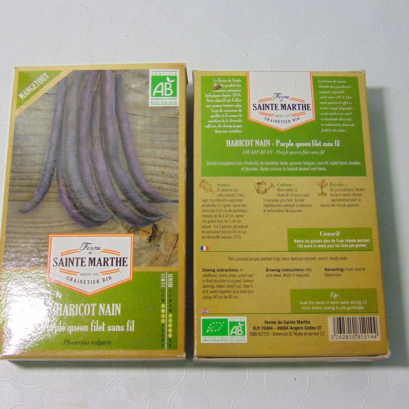 Exemplo de amostra de Haricot nain mangetout Purple Queen Bio - Ferme de Sainte Marthe  die Tüte mit 160 Samen (80g) tal como entregue