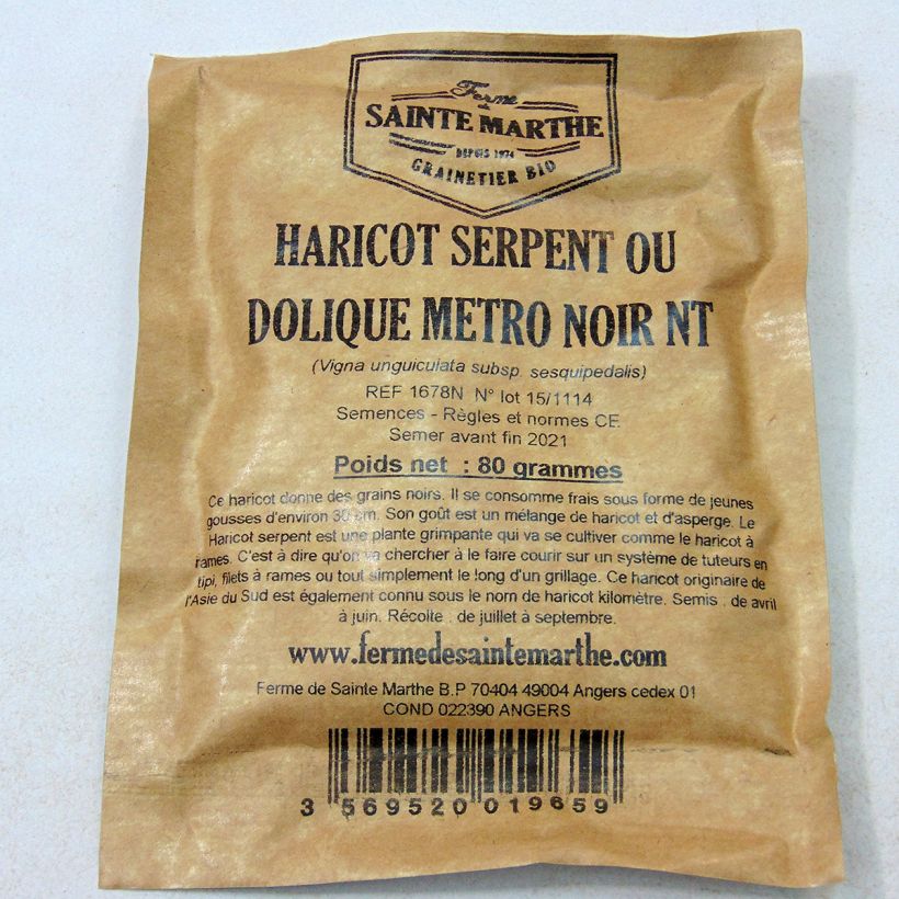 Exemplo de amostra de Haricot serpent ou Dolique Metro noir NT - Ferme de Sainte Marthe die Tüte mit 160 Samen (80g) tal como entregue
