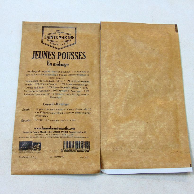 Exemplo de amostra de Mistura biológica de folhas jovens - Ferme de Sainte Marthe o saco de 500 sementes aproximadamente tal como entregue