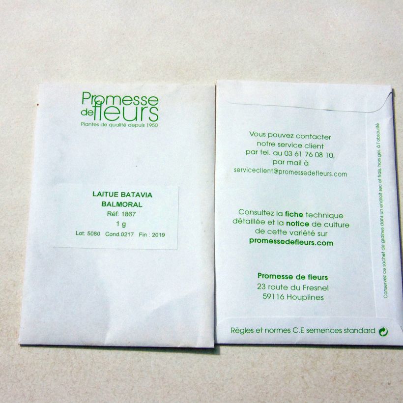 Exemplo de amostra de Laitue Batavia Balmoral per 1 g seed pack tal como entregue