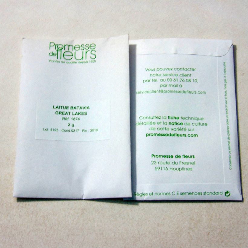 Exemplo de amostra de Laitue Batavia Great Lakes 118 o saco de 1600 sementes aproximadamente (2g) tal como entregue