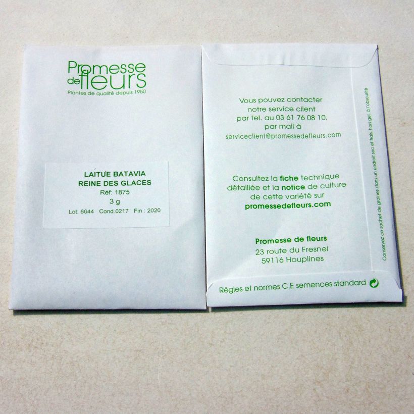 Exemplo de amostra de Laitue Batavia Reine des Glaces o saco de 2500 sementes aproximadamente (3g) tal como entregue
