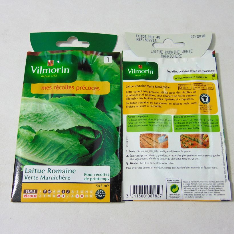Exemplo de amostra de Laitue Romaine Verte maraîchère - Vilmorin die Tüte mit 3200 Samen (4g) tal como entregue