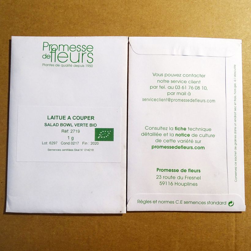 Exemplo de amostra de Laitue à couper Salad Bowl verte Bio per pack of 850 seeds (1g) tal como entregue