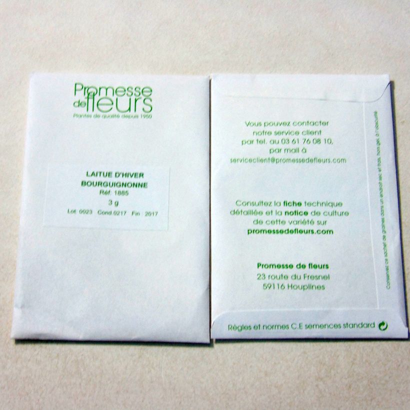 Exemplo de amostra de Laitue d'Hiver Bourguignonne per pack of 2500 seeds (3g) tal como entregue