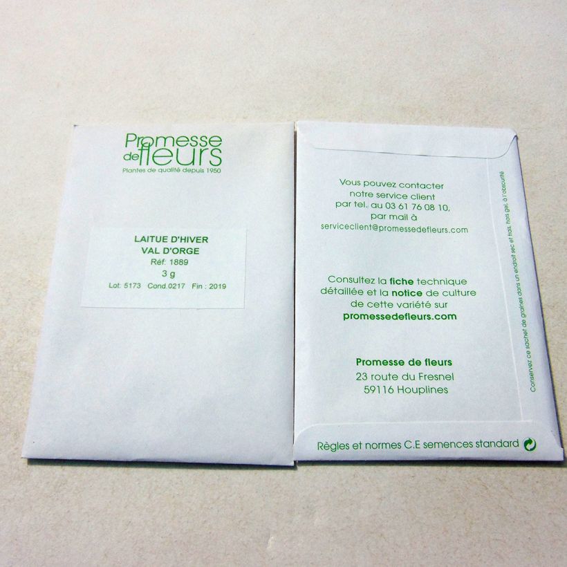 Exemplo de amostra de Laitue d'Hiver Val d'Orge per pack of 2500 seeds (3g) tal como entregue