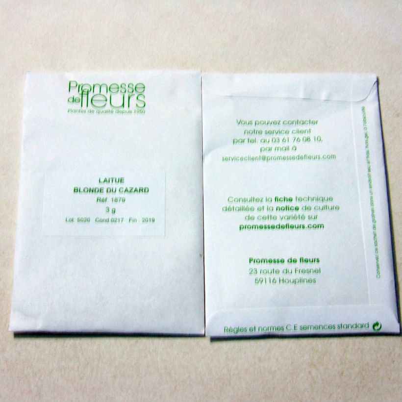 Exemplo de amostra de Laitue pommée Blonde du Cazard per pack of 2500 seeds (3g) tal como entregue