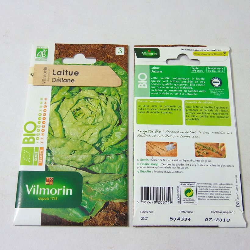 Exemplo de amostra de Alface-repolhuda Deliane Bio Vilmorin o saco de 1600 sementes aproximadamente (2g) tal como entregue