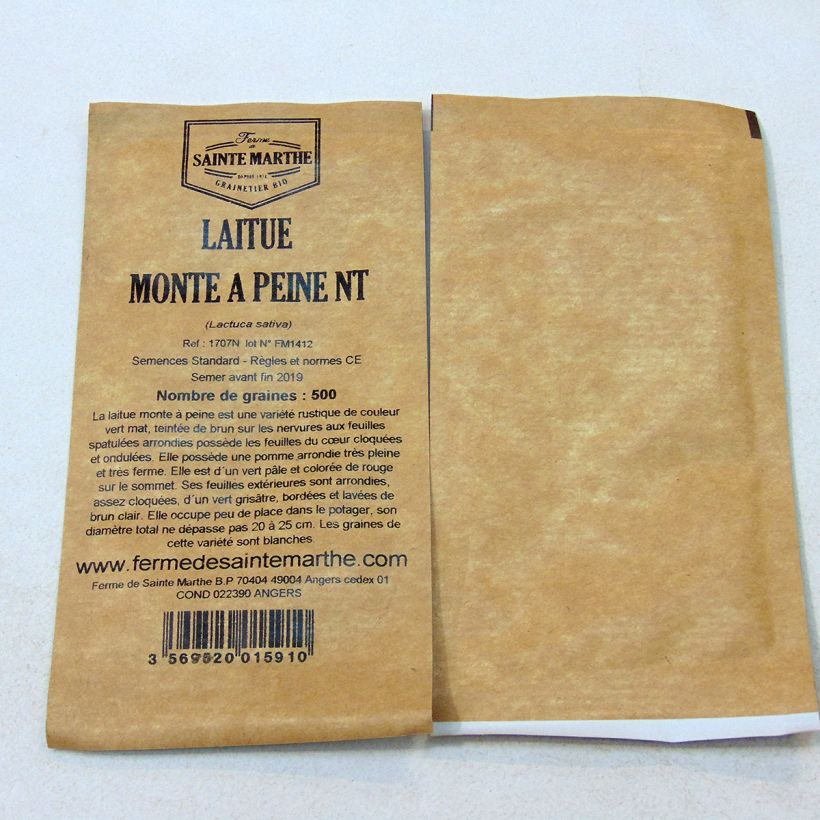 Exemplo de amostra de Laitue pommée Monte à Peine NT - Ferme de Sainte Marthe per pack of 500 seeds tal como entregue