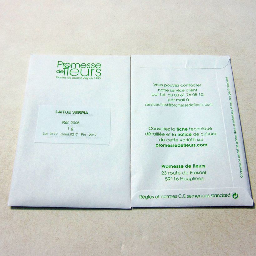 Exemplo de amostra de Laitue pommée Verpia per pack of 800 seeds (1g) tal como entregue