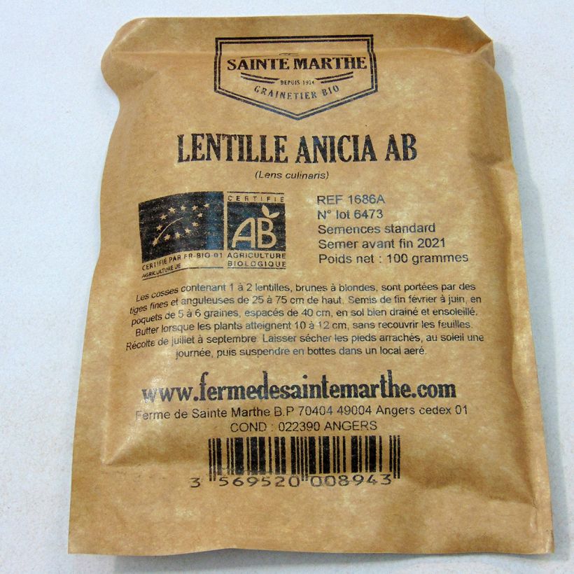 Exemplo de amostra de Lentille Anicia Bio - Ferme de Sainte Marthe die Tüte mit Samen von 80 Gramm tal como entregue