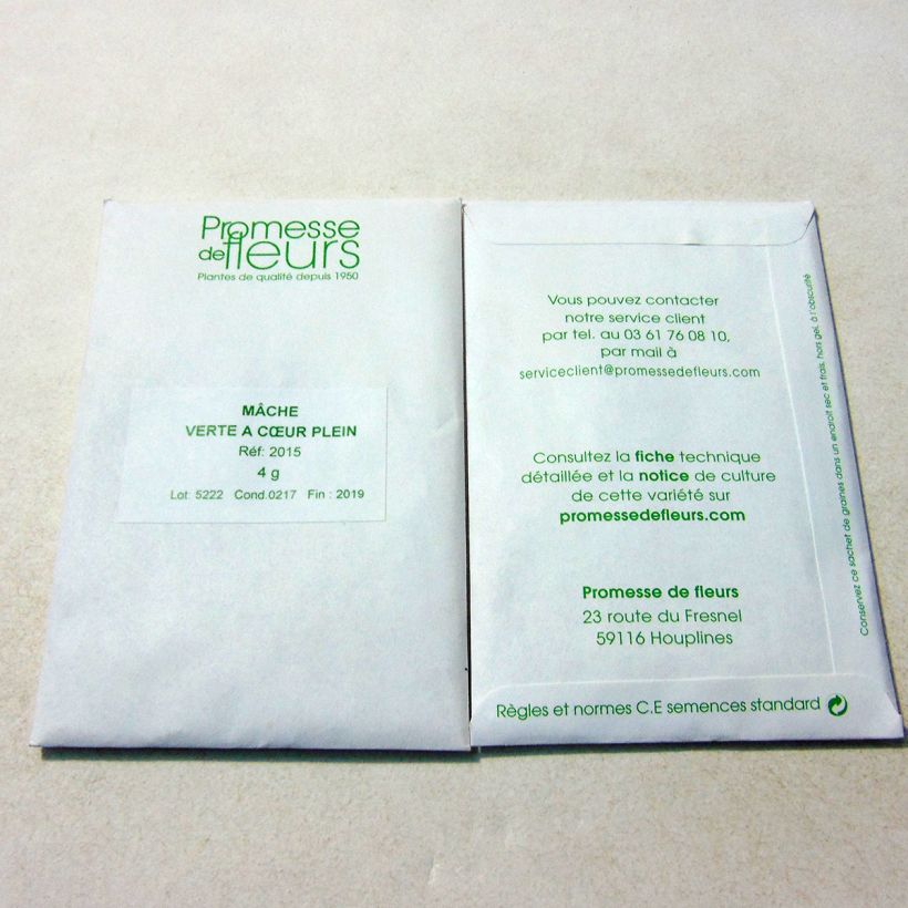Exemplo de amostra de Mâche Verte à Coeur Plein o saco de 3000 sementes aproximadamente (4g) tal como entregue