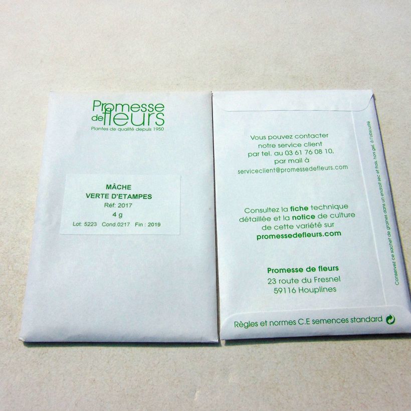 Exemplo de amostra de Mâche Verte d'Etampes die Tüte mit 3000 Samen (4g) tal como entregue