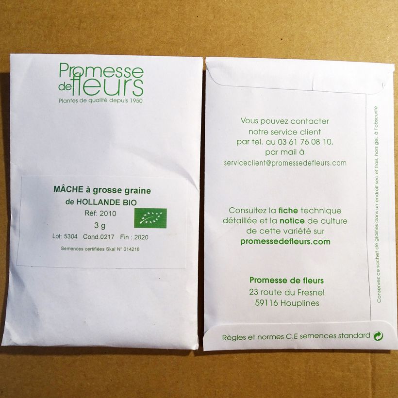 Exemplo de amostra de Mâche à Grosse Graine de Hollande Bio per pack of 1000 seeds (3g) tal como entregue