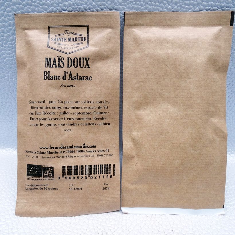 Exemplo de amostra de Maïs doux blanc d'Astarac Bio - Ferme de Sainte Marthe die Tüte mit 50 Samen tal como entregue