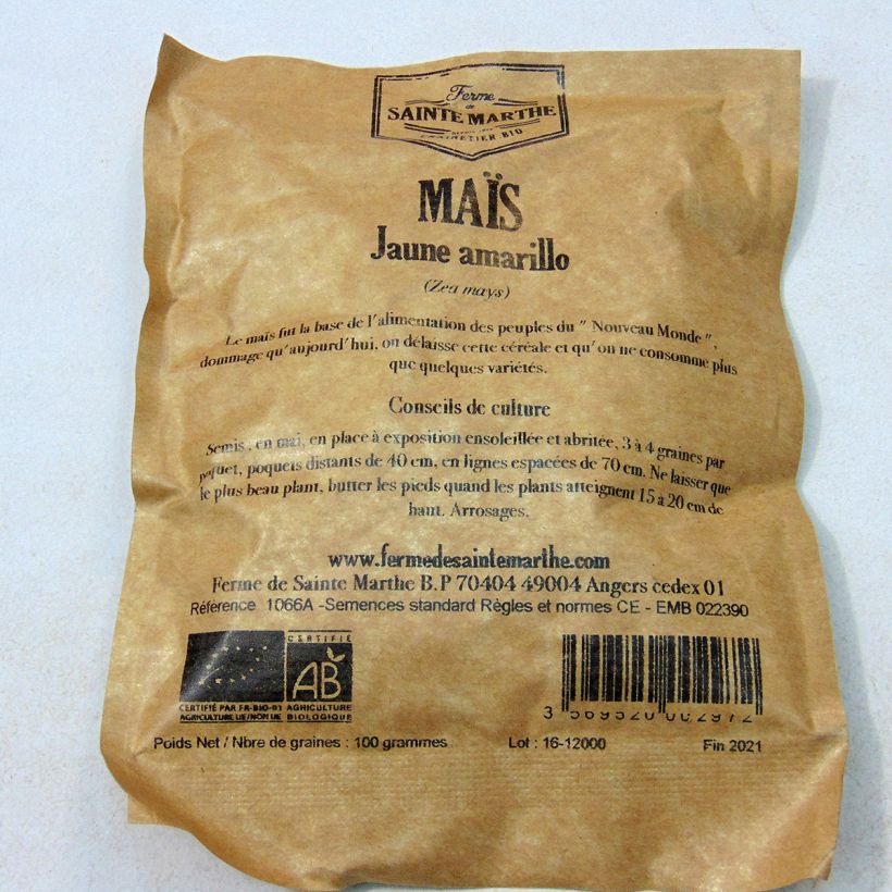 Exemplo de amostra de Maïs jaune Amarillo Bio - Ferme de Ste Marthe die Tüte mit 50 Samen (100g) tal como entregue